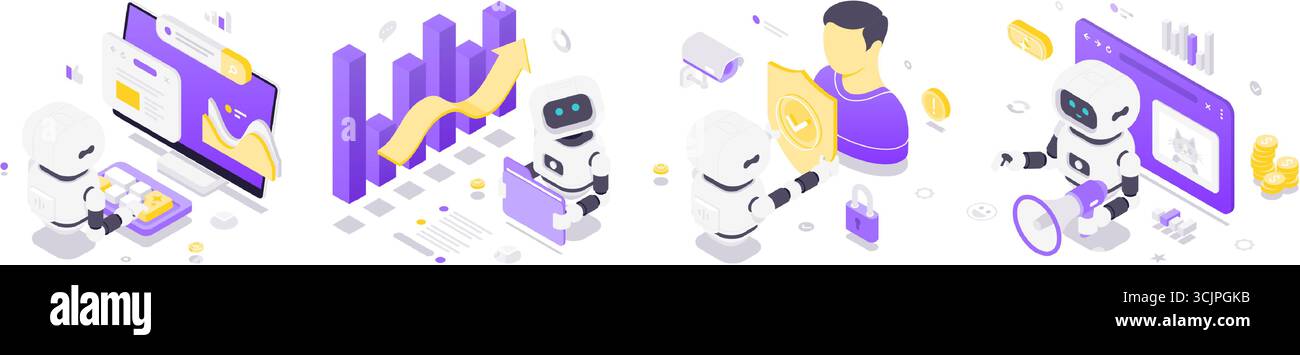 Isometric vector illustration depicting artificial intelligence robots performing internet data processing, big data analytics, cybersecurity protecti Stock Vector