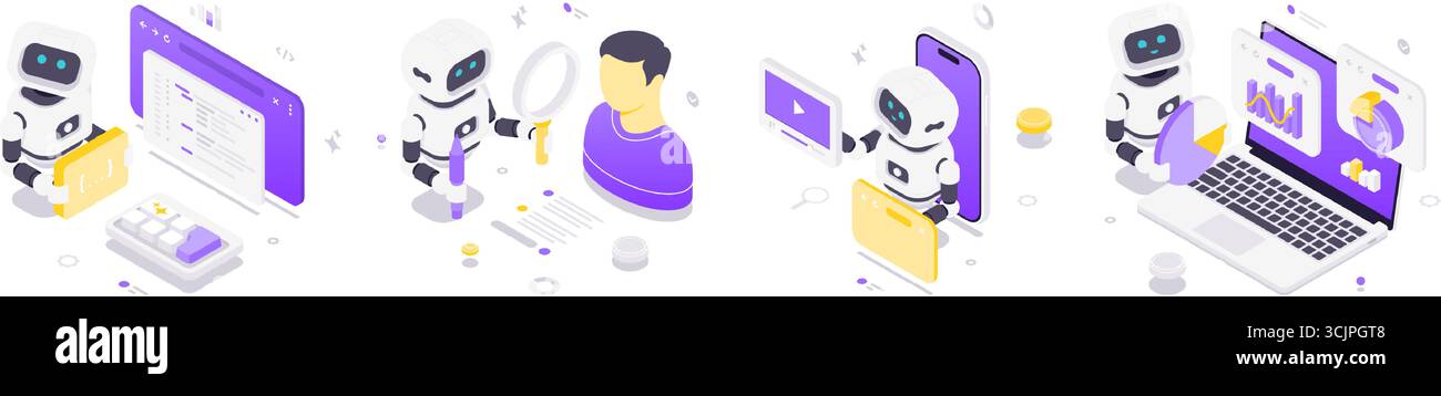 Isometric vector illustration depicting artificial intelligence robots engaged in coding, user profile analysis, online education, and data analytics Stock Vector