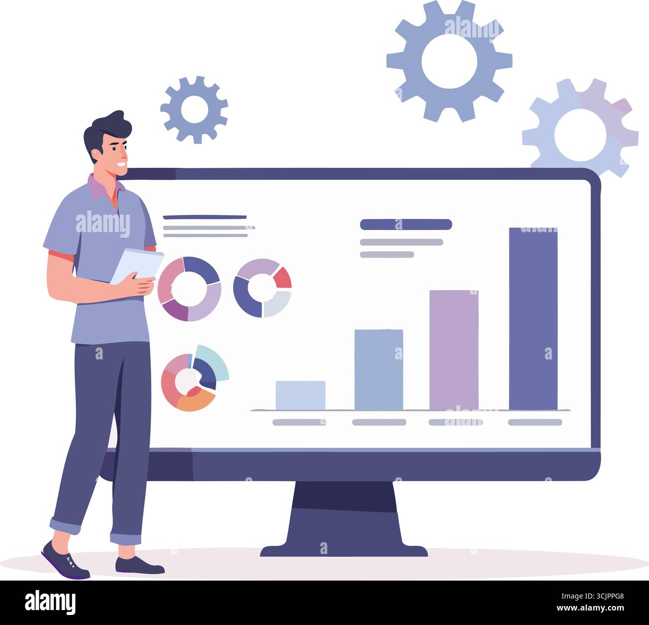 Businessman presenting data analysis on a large screen with charts and ...