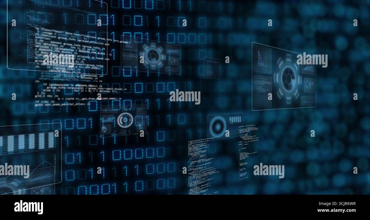 Displaying code panel showing code text and HUD graphics on blue interface featuring binary digits Stock Photo