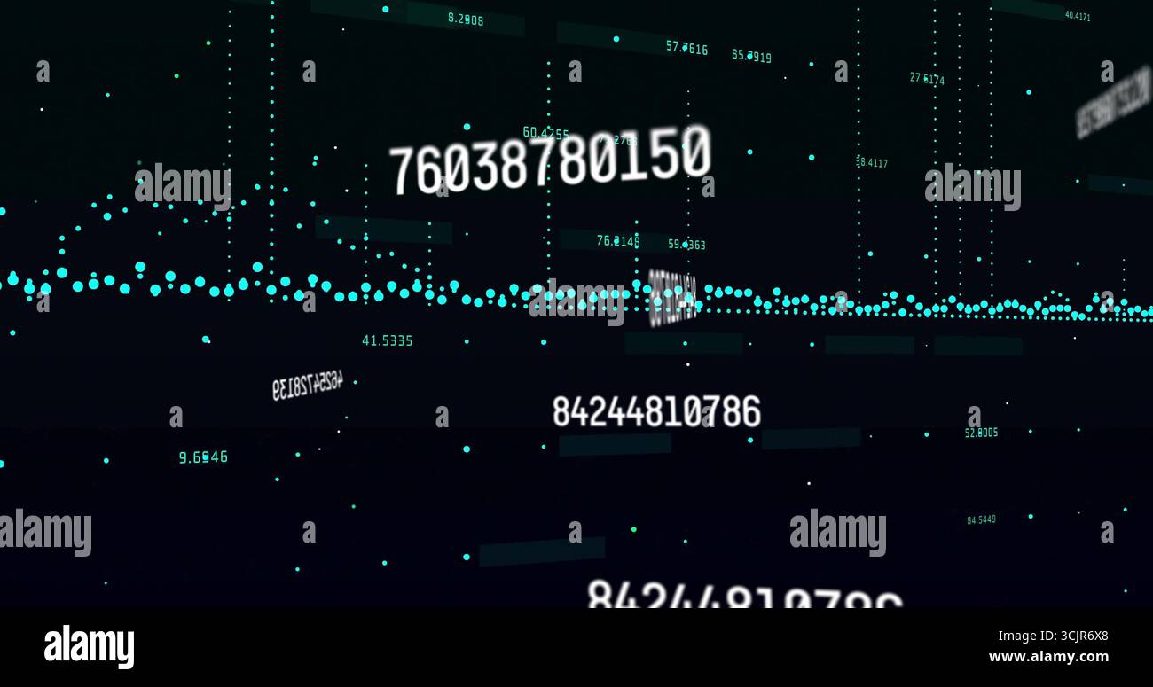 Streaming turquoise waveform fluctuating through data matrix, with numeric sequences and code Stock Photo