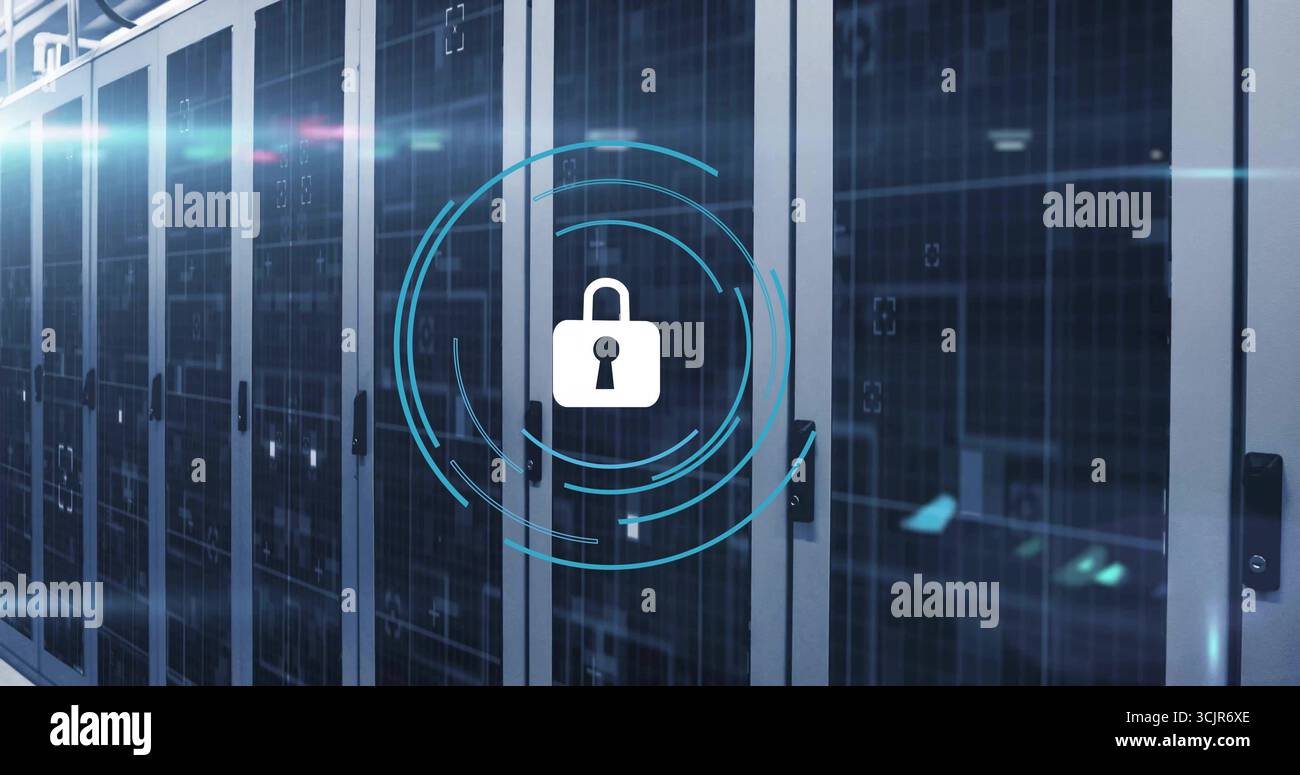 Padlock icon hovering over server racks in data center with visible cabling, enhancing security Stock Photo