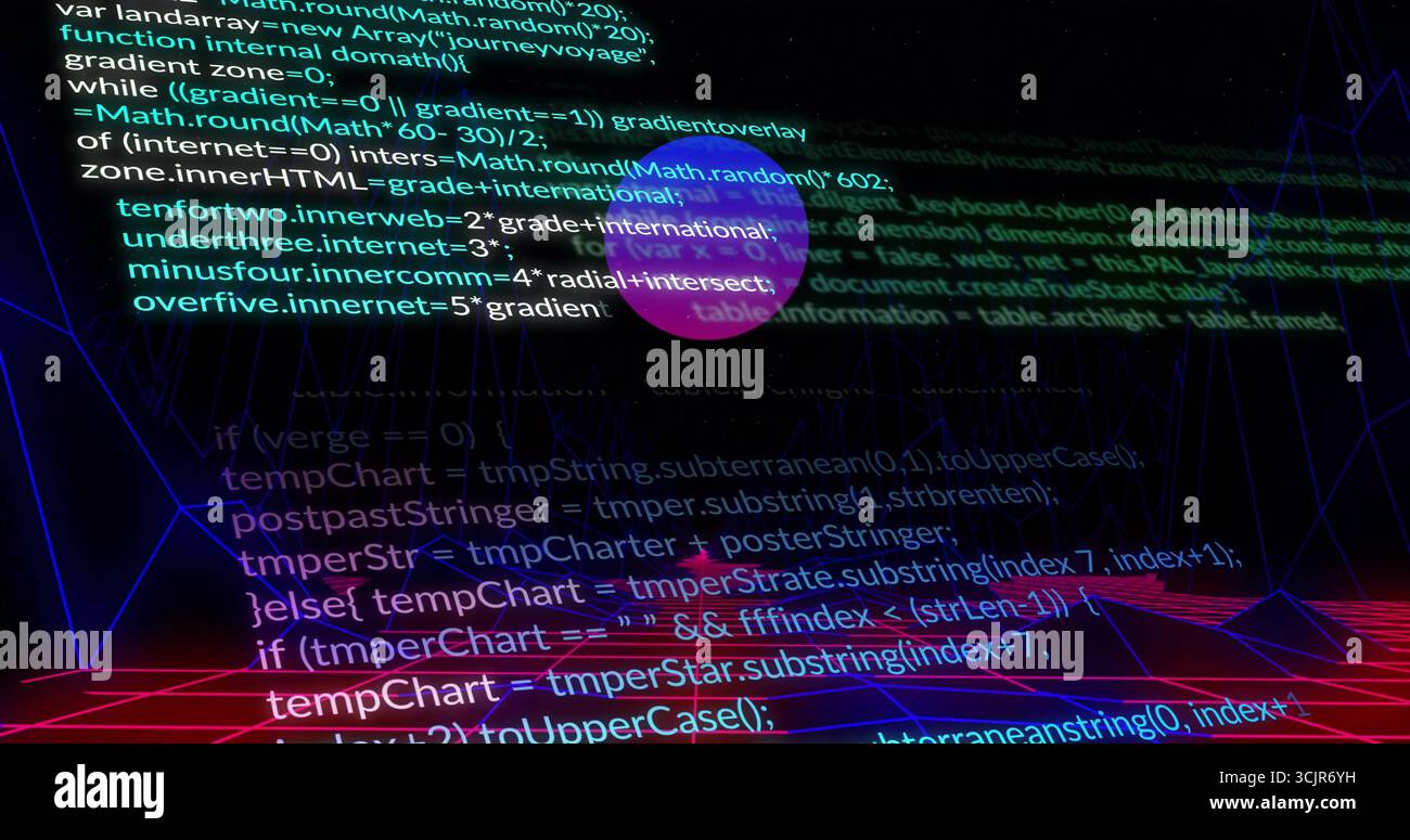 Displaying multicolored code snippets scrolling across cyberspace grid, with hovering purple sphere Stock Photo