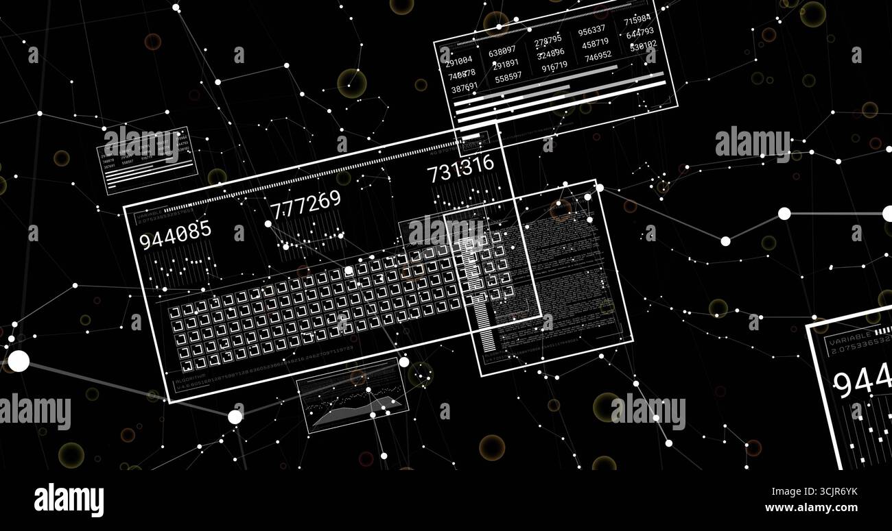 Displaying data interface showing grid and numeric readouts in virtual data network, with panels Stock Photo