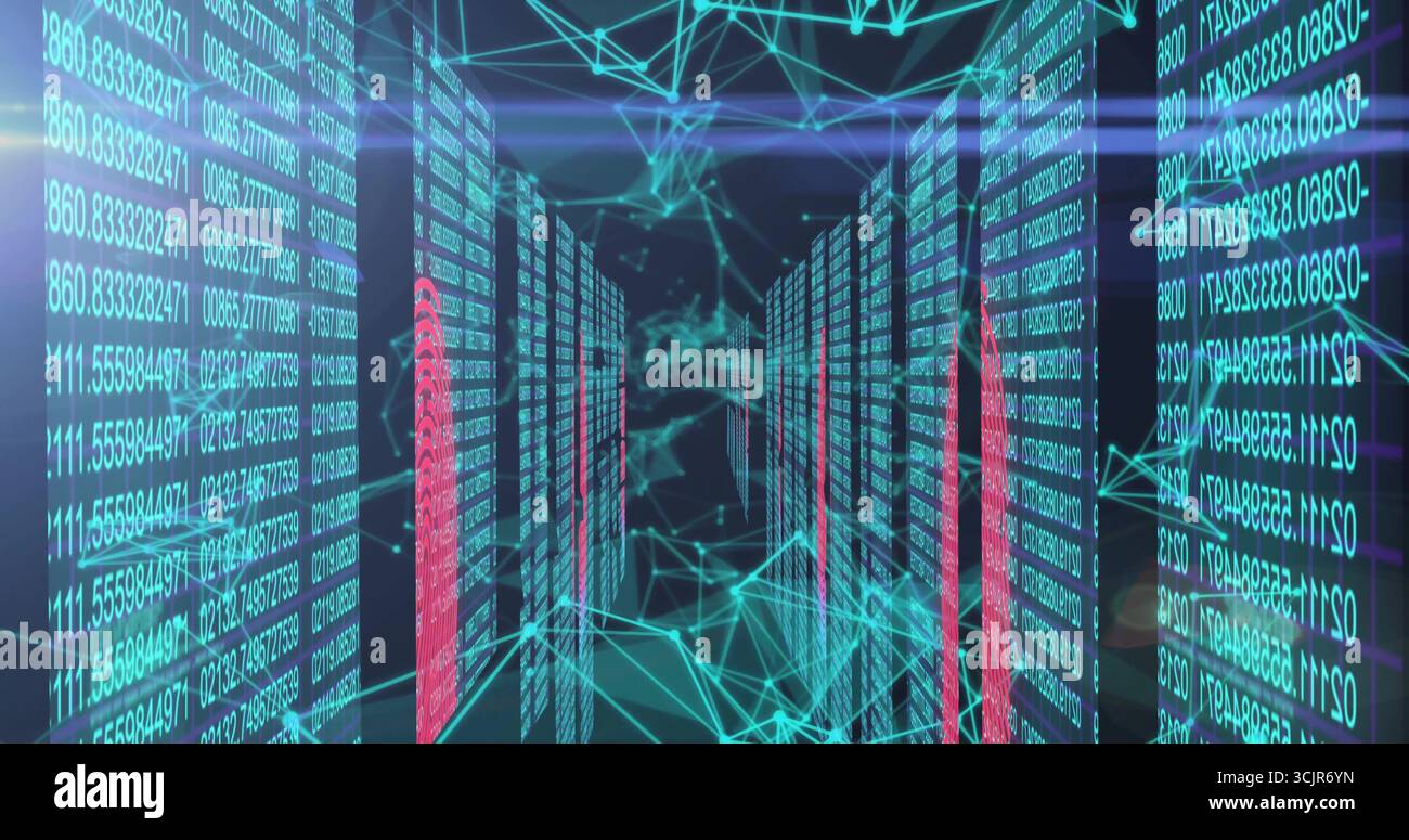 Forming virtual data corridor in dark cyberspace, with network lines, code columns and nodes Stock Photo