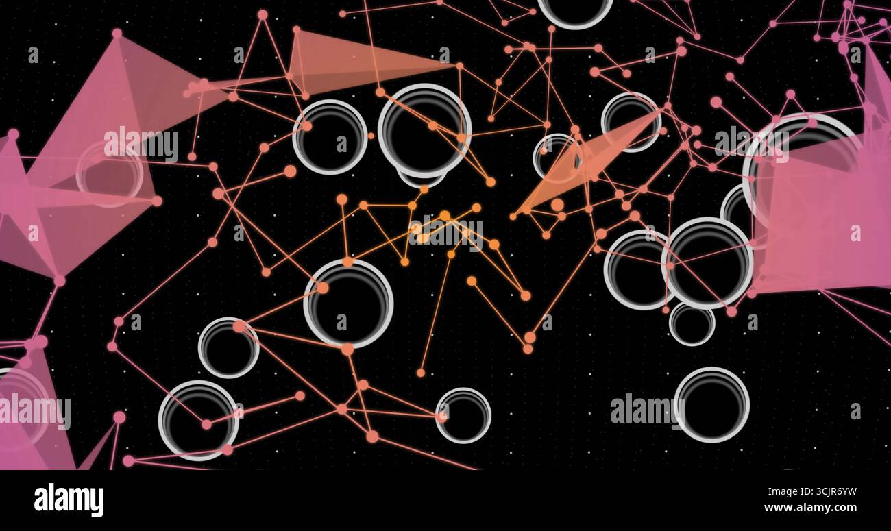 Displaying abstract network on screen, with colored nodes, white rings and translucent triangles Stock Photo