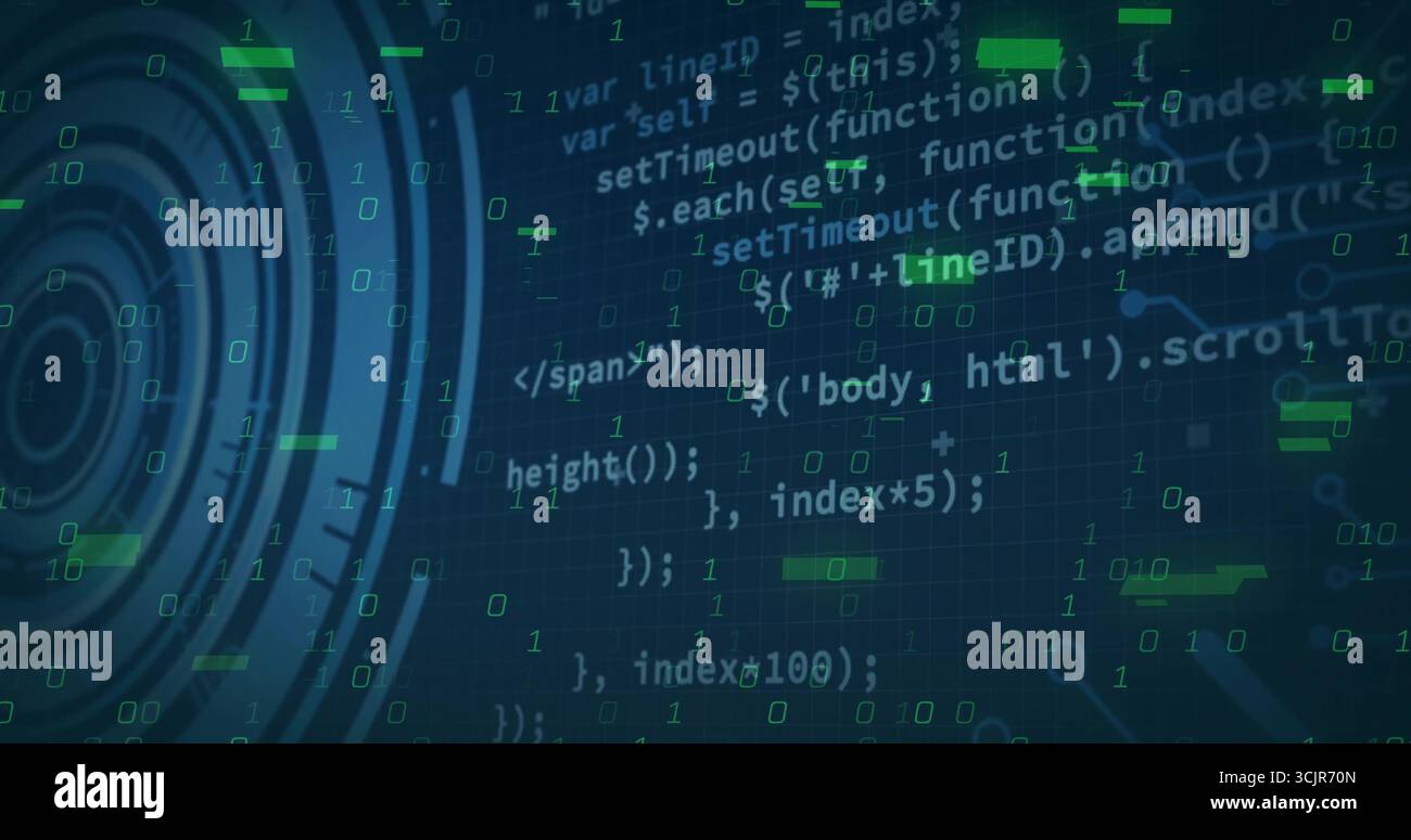 Displaying code floating over blue-green grid, with binary digits, HUD graphic and neon highlights Stock Photo