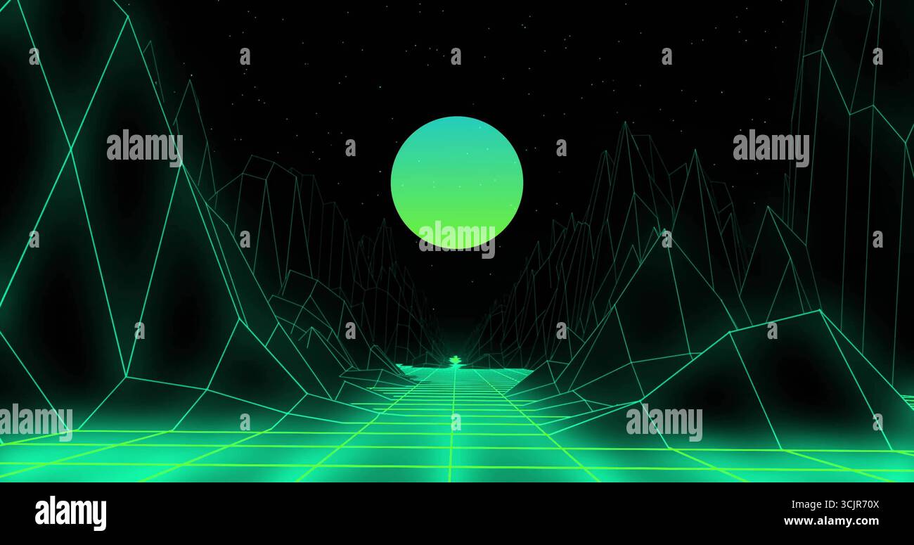 Hovering green gradient sphere casting glow in valley, neon grid, wireframe ridges under starry sky Stock Photo