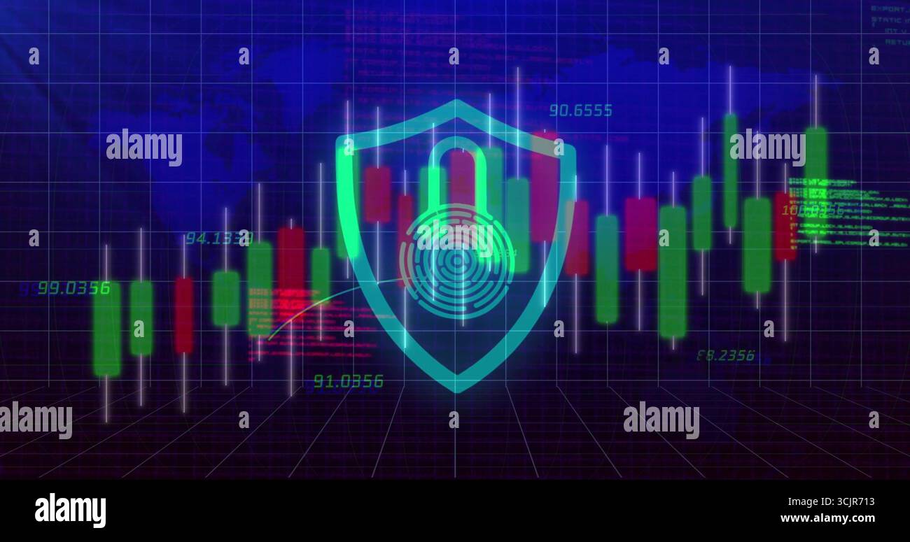 Projecting cyan shield icon hovering over virtual 3D grid, with candlestick bars and numeric data Stock Photo
