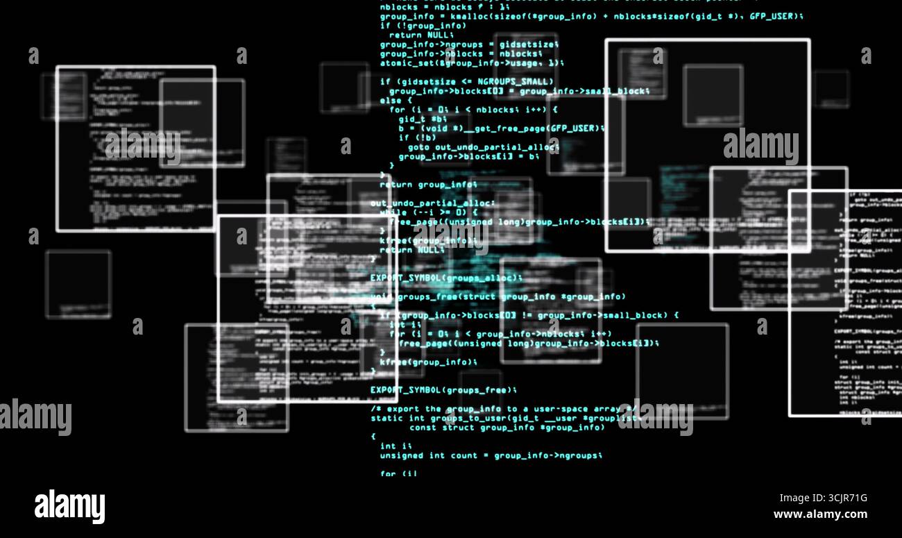 Floating translucent editor windows overlapping in dark interface, displaying white and teal code Stock Photo