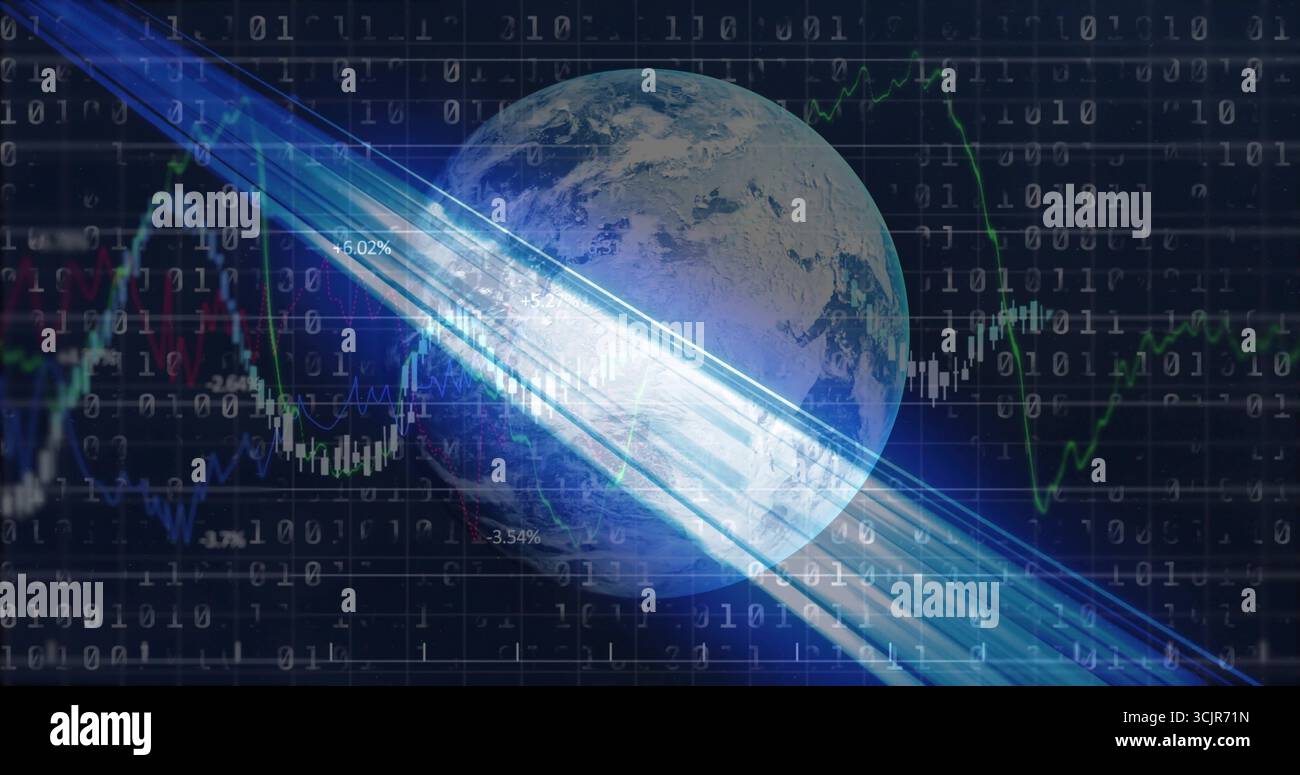 Displaying Earth globe over dark grid, with binary code, line charts and percentage annotations Stock Photo
