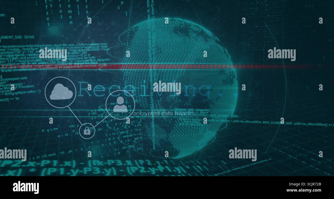 Displaying point-cloud globe with red line, network icons and code in cyberspace, resolving overlay Stock Photo