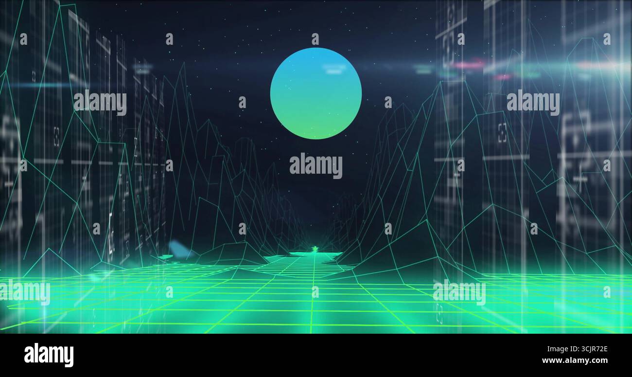 Standing human figure navigating neon grid in virtual realm with ...