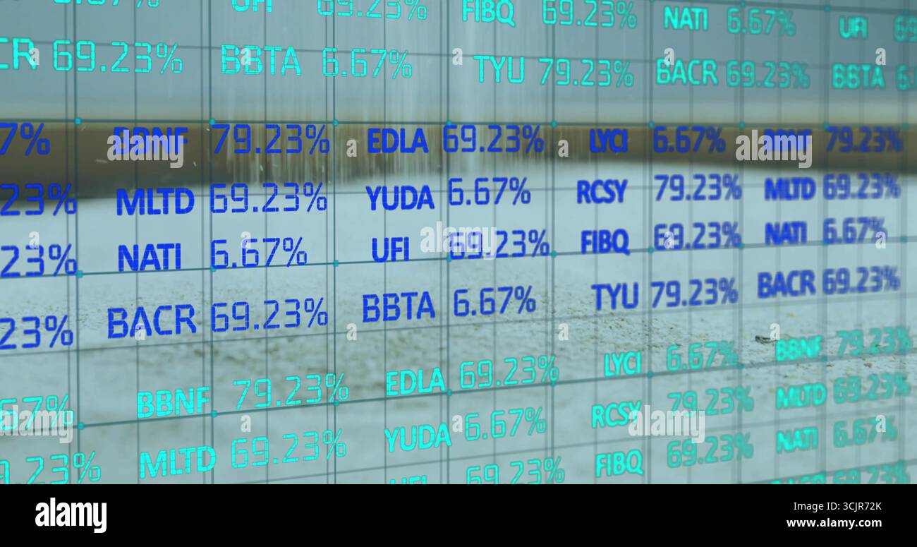Displaying glass panel showing alphanumeric codes with percentages inside building, digital display Stock Photo