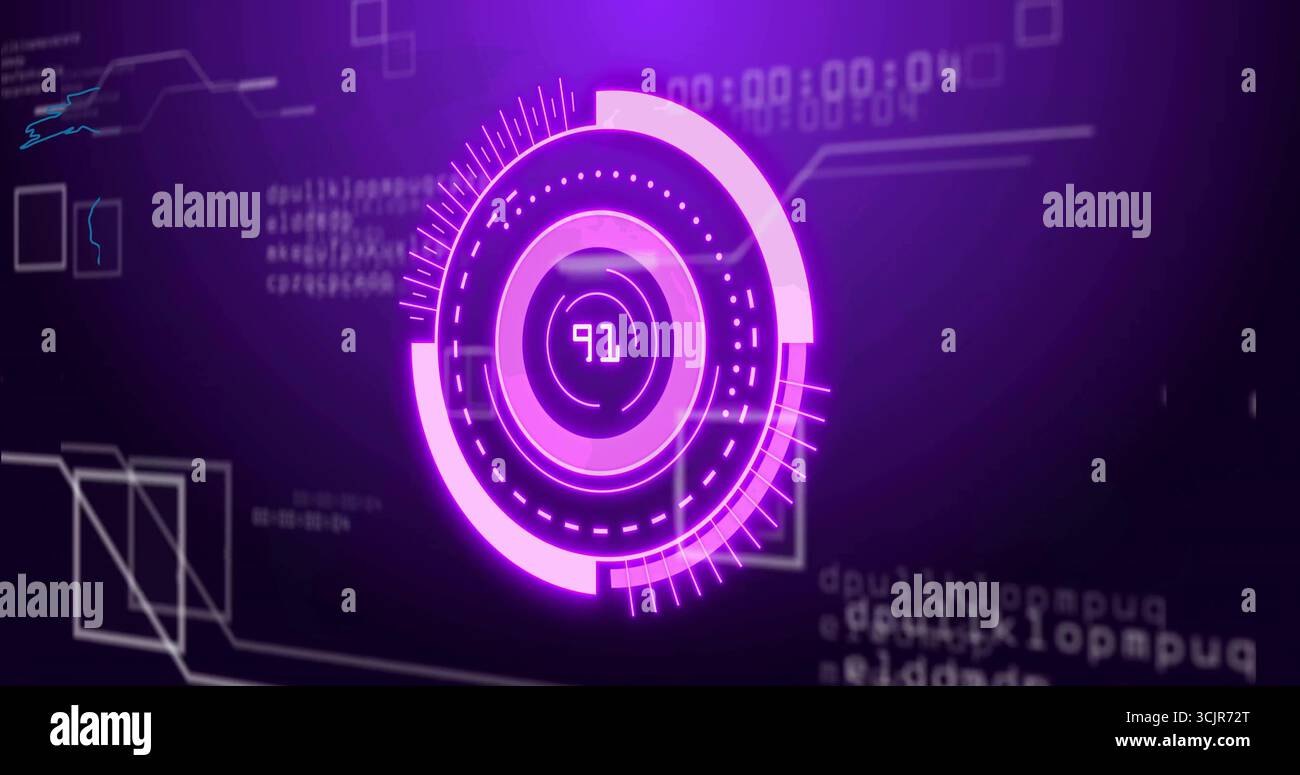 Displaying glowing purple HUD rings with numeric 91 readout on digital interface with code overlays Stock Photo