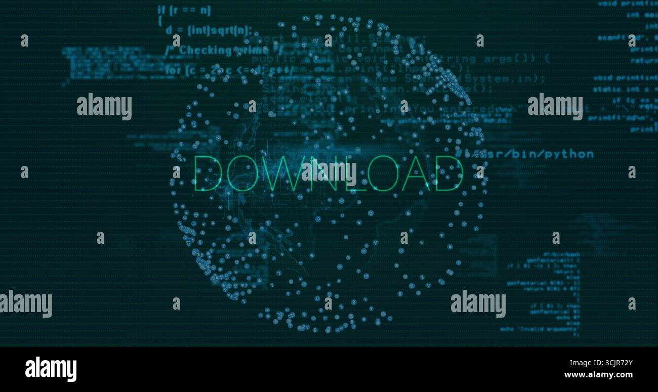 Displaying spherical network with glowing blue nodes in app dashboard, with DOWNLOAD text and code Stock Photo