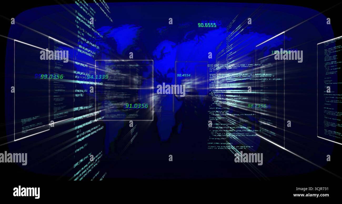 Floating world map silhouette drifting through code panels in visualization space, light streaks Stock Photo