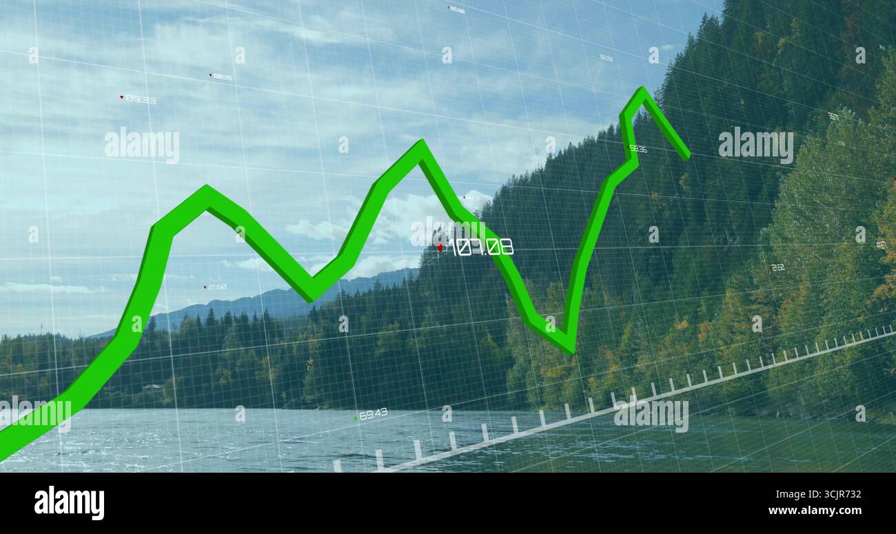 Charting green zigzag line graph over translucent grid on lake and ...