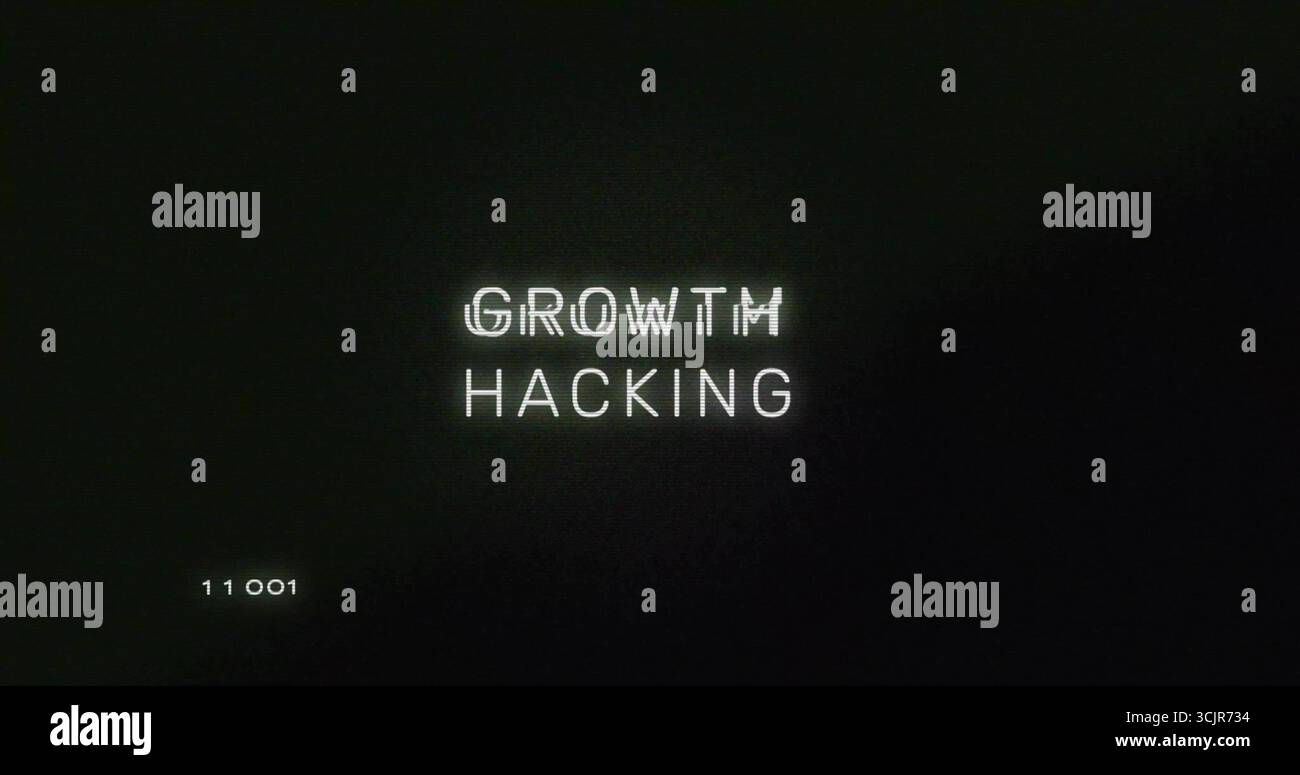 Displaying glitch-style text GROWTH HACKING flickering on digital screen, with code 11 001 Stock Photo