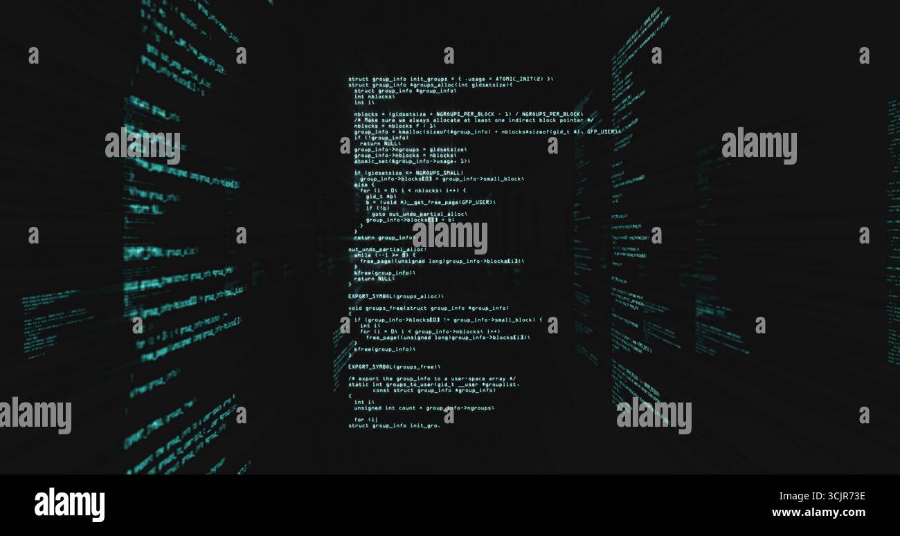 Floating vertical code panel streaming through dark void, with text ...