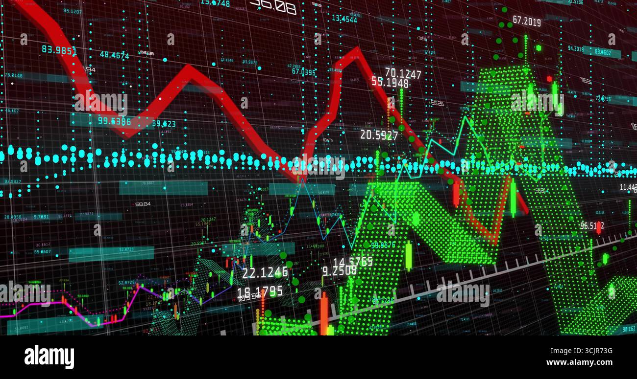 Showing chart on screen with red trend line, green zigzag arrows, blue reference line, bars Stock Photo