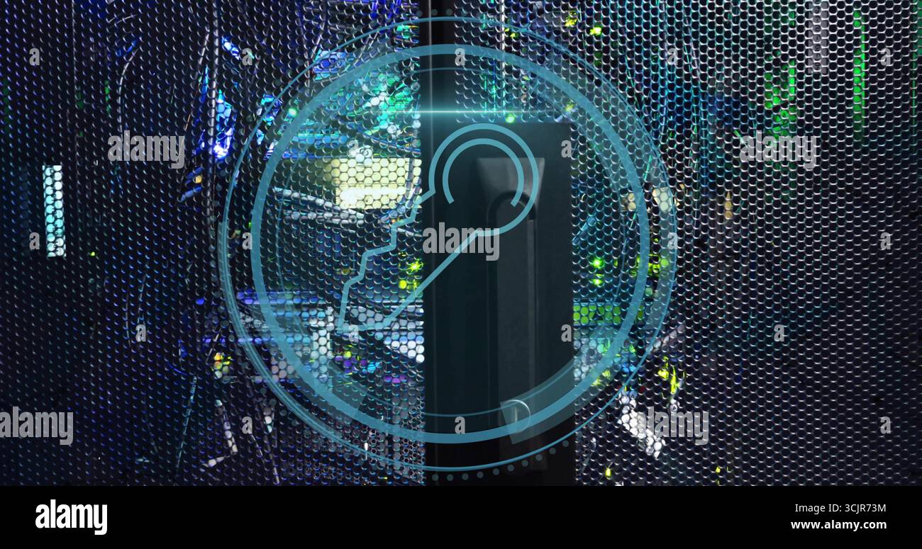 Glowing status LEDs illuminating server rack behind mesh door in data ...