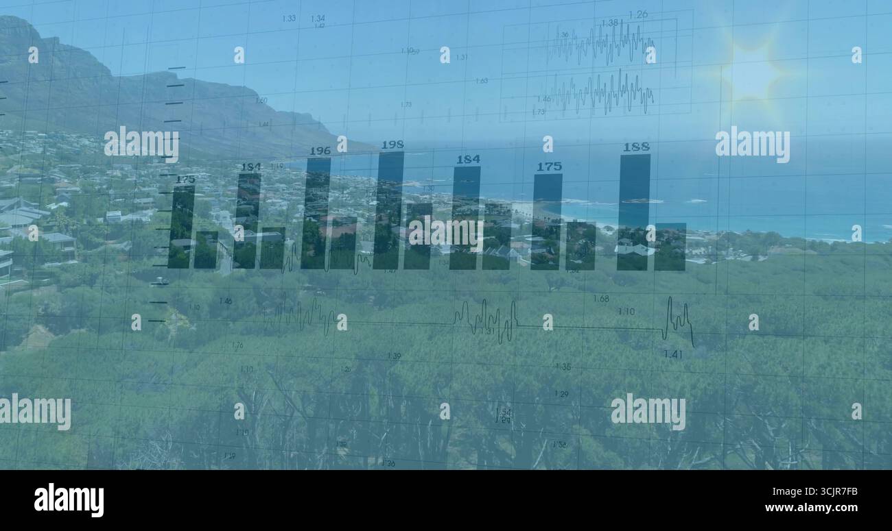 Displaying translucent bar chart overlay over coastal hillside, with grid lines and numeric labels Stock Photo