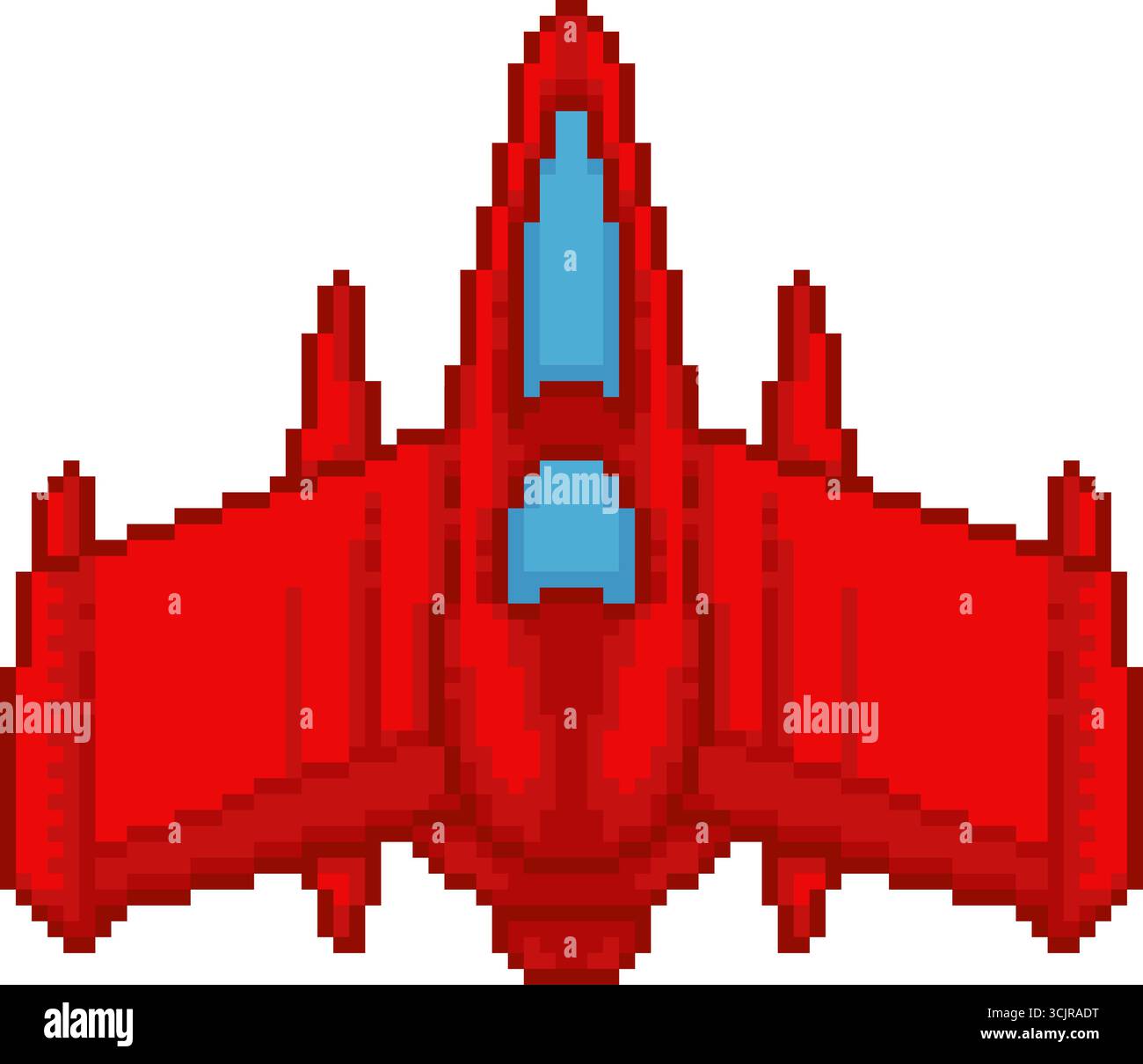 Pixel art red spaceship video game asset. 8-bit style starship vector isolated on white. Stock Vector