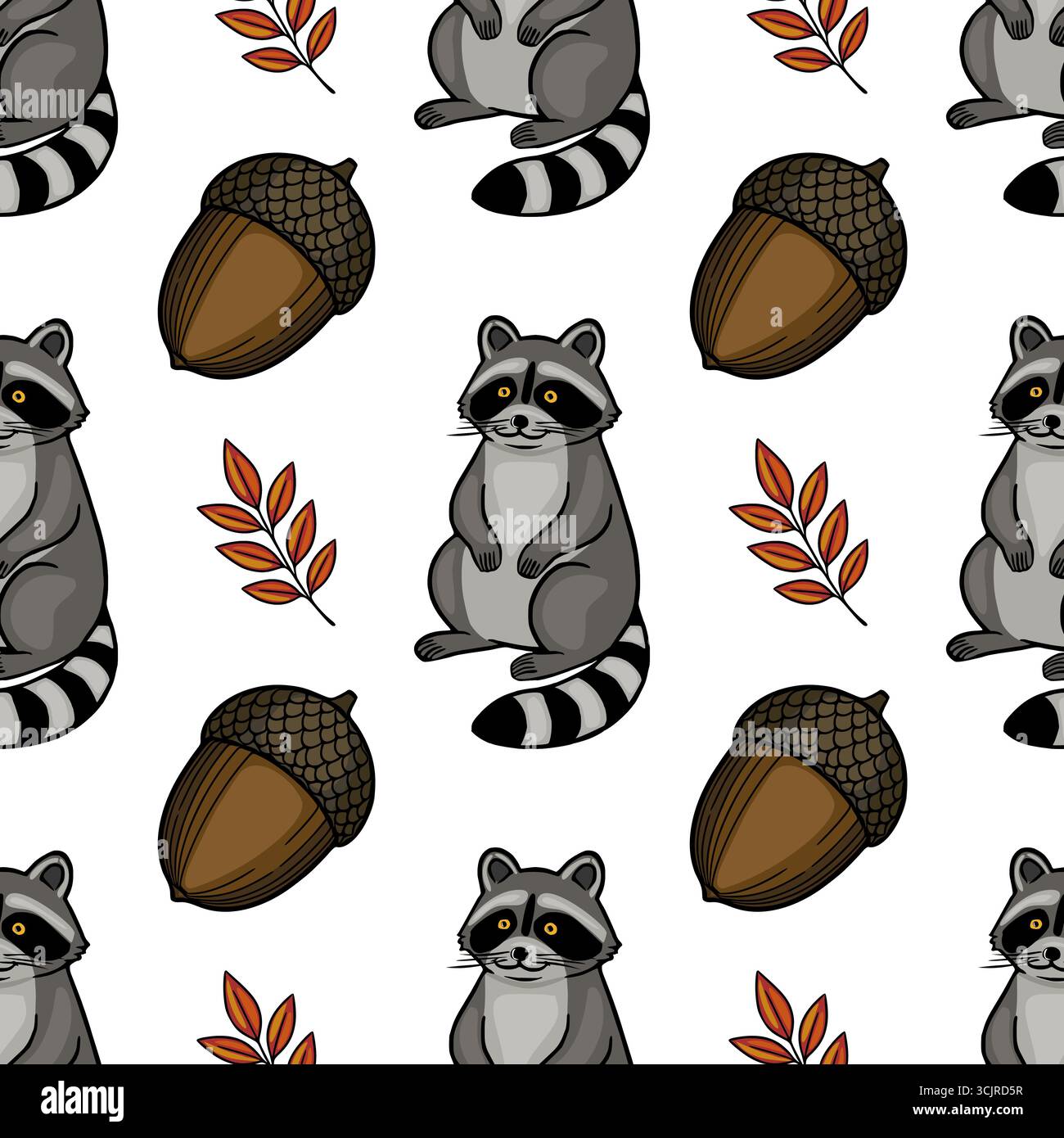 Adorable Seamless Vector Pattern Featuring Cartoon Raccoons, Acorns, and Autumn Leaves on a White Background, Perfect for Fall-Themed Designs. Stock Vector