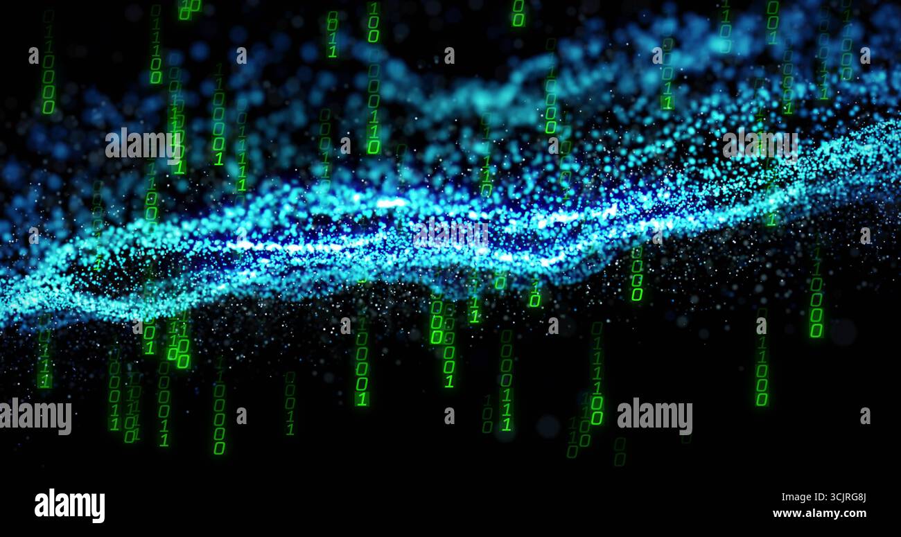 Glowing turquoise particle wave streaming through virtual space, with falling green binary digits Stock Photo