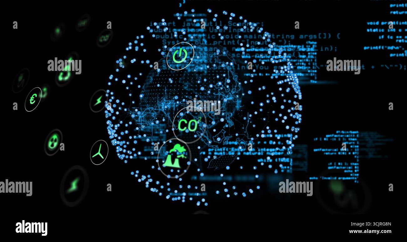 Displaying central network sphere floating in virtual interface, with blue code and green icons Stock Photo