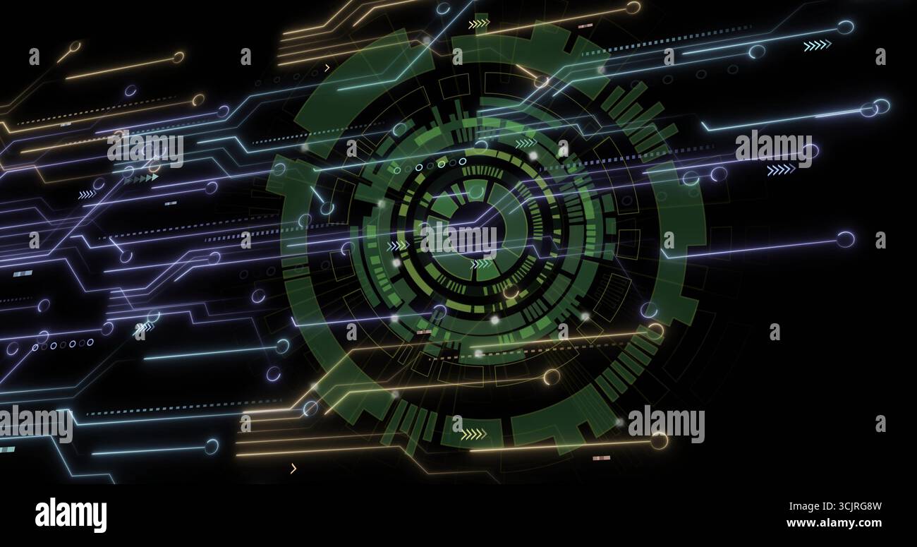 Displaying green multiringed interface glowing on dark HUD, with circuit traces, pointers and nodes Stock Photo