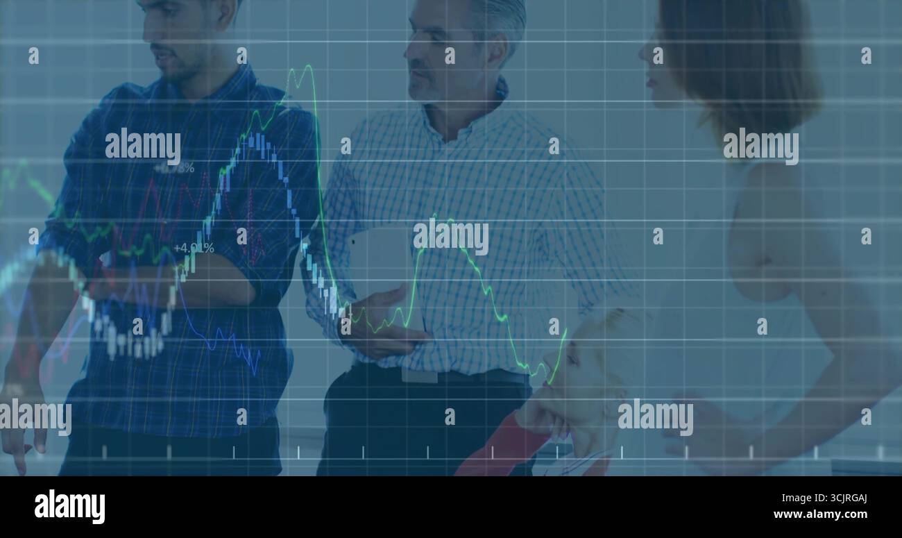 Four professionals in business attire discussing projections in boardroom with display, tablet Stock Photo