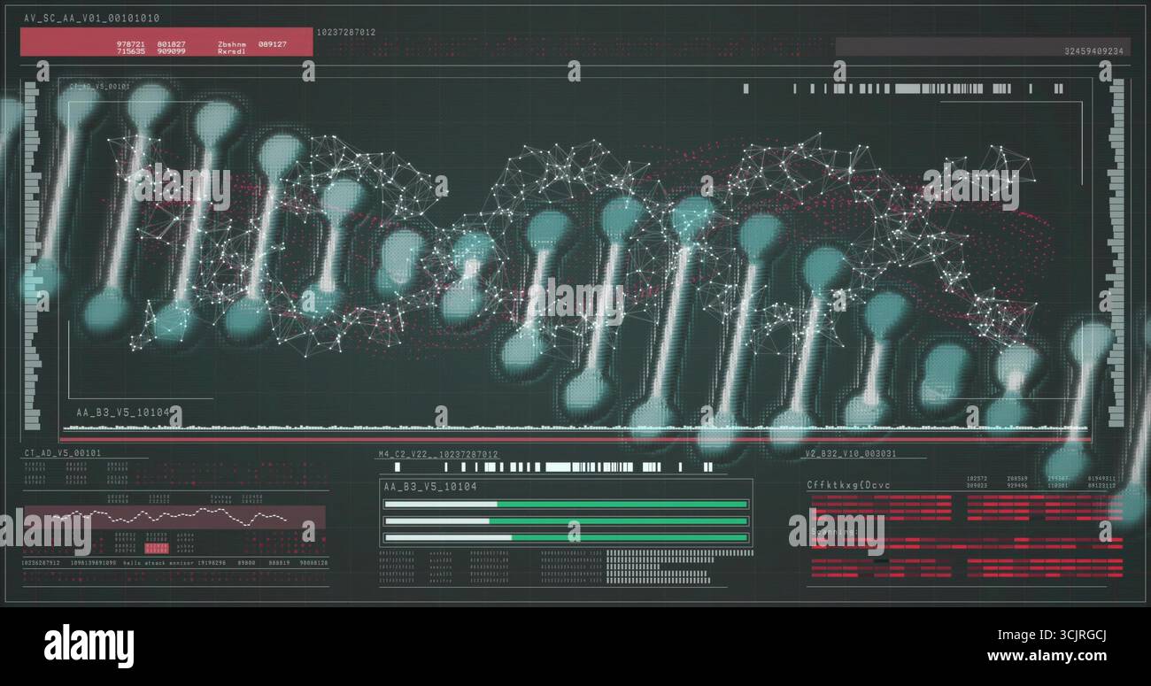 Displaying DNA double-helix model glowing in lab interface, with network nodes and data panels Stock Photo