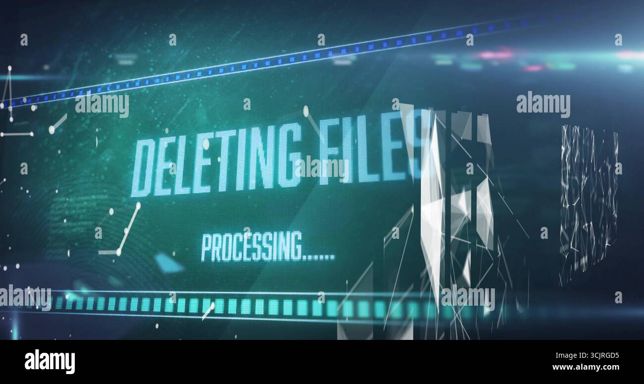 Displaying futuristic HUD in data hub, showing deleting files, glowing bar, floating particles Stock Photo