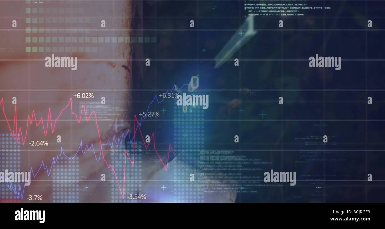 Displaying red and blue graphs showing percentage changes on dark grid, with code-text overlays Stock Photo
