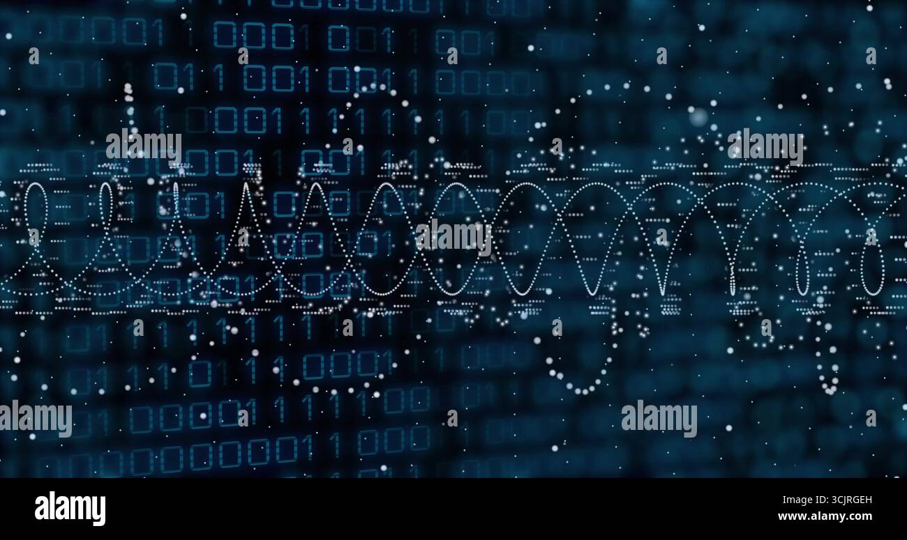 Flowing dotted white waveform tracing spiral curves in virtual data display, with binary digits Stock Photo