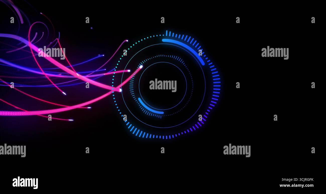 Displaying glowing circular digital interface receiving neon light trails in space with HUD data Stock Photo