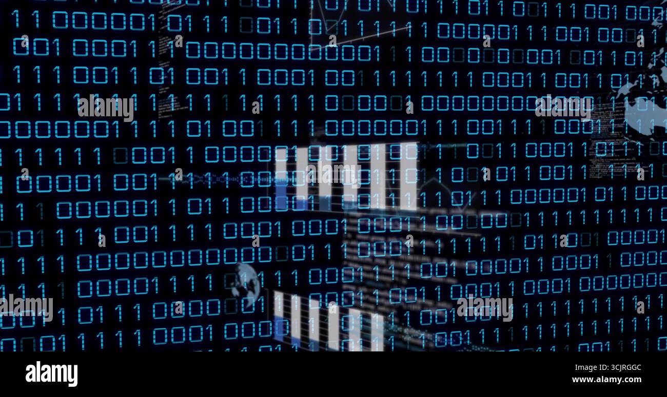Displaying translucent binary digits flowing across glass skyscraper facade, with wireframe globe Stock Photo
