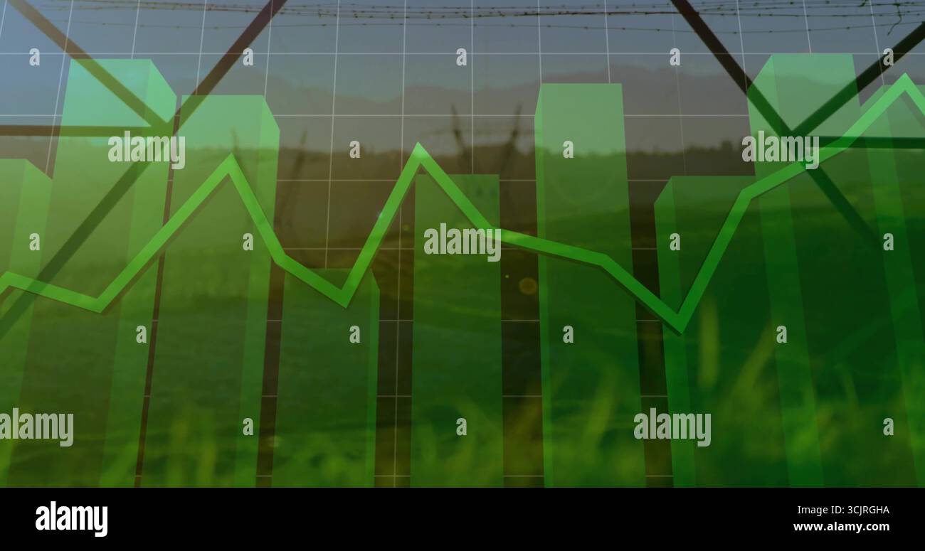 Green bar chart and line graph hovering over rural grass field and ...
