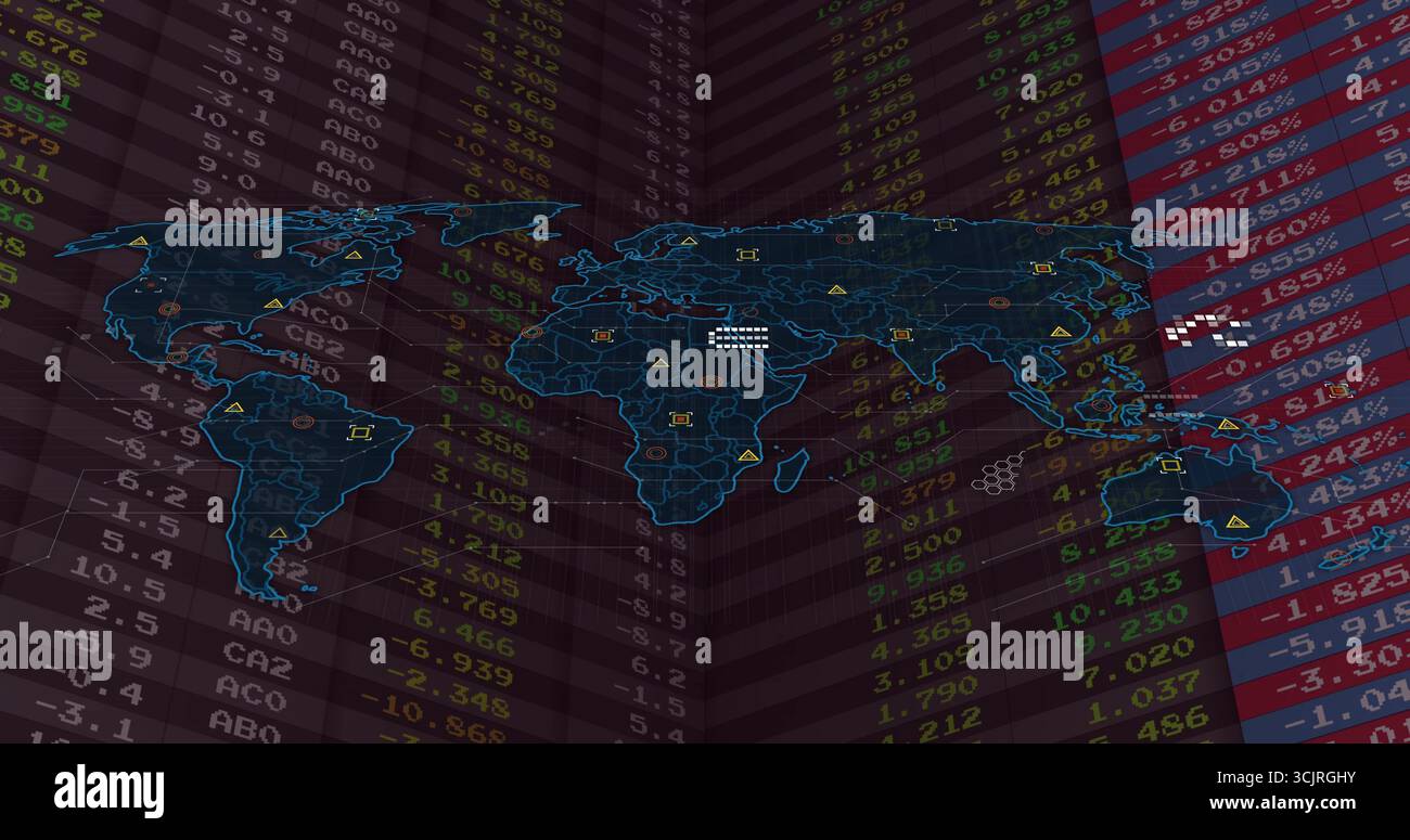 Neon-blue world map highlighting rotating columns in data dashboard, with geometric data markers Stock Photo
