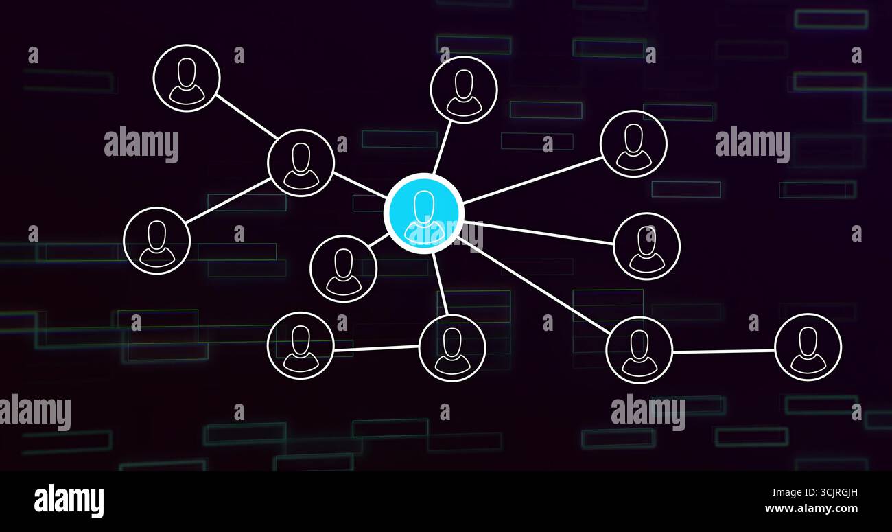 Displaying central blue user node linking peripheral white user nodes in dark gradient Stock Photo