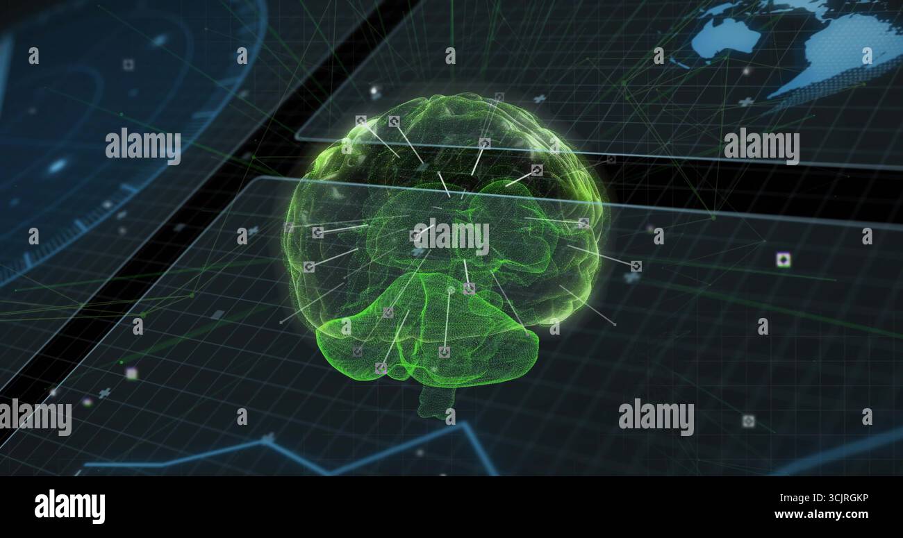 Floating neon green brain wireframe hovering in data environment, with annotation and HUD overlay Stock Photo