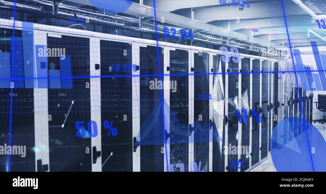 Displaying white server cabinets lining climate control data center corridor, with digital overlays Stock Photo