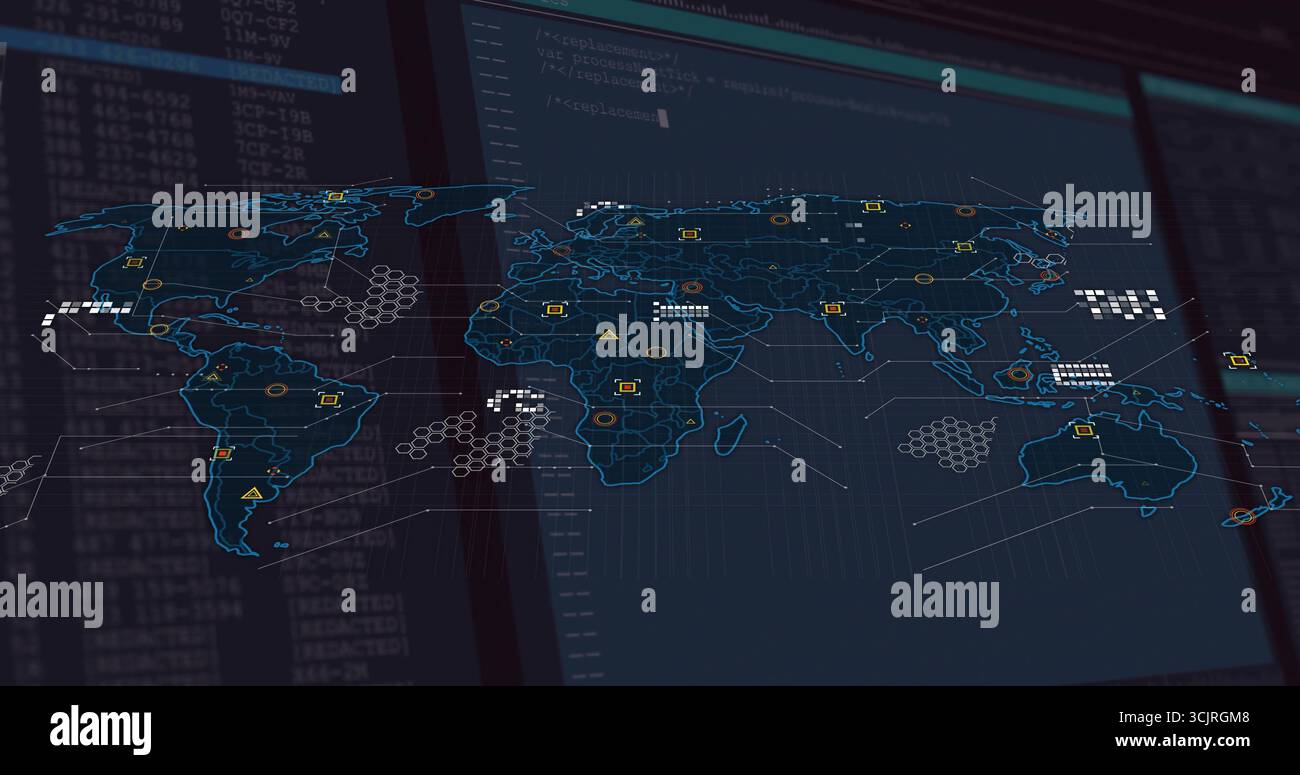 Displaying map overlay on digital dashboard, with hex grids, alert and node icons and code streams Stock Photo