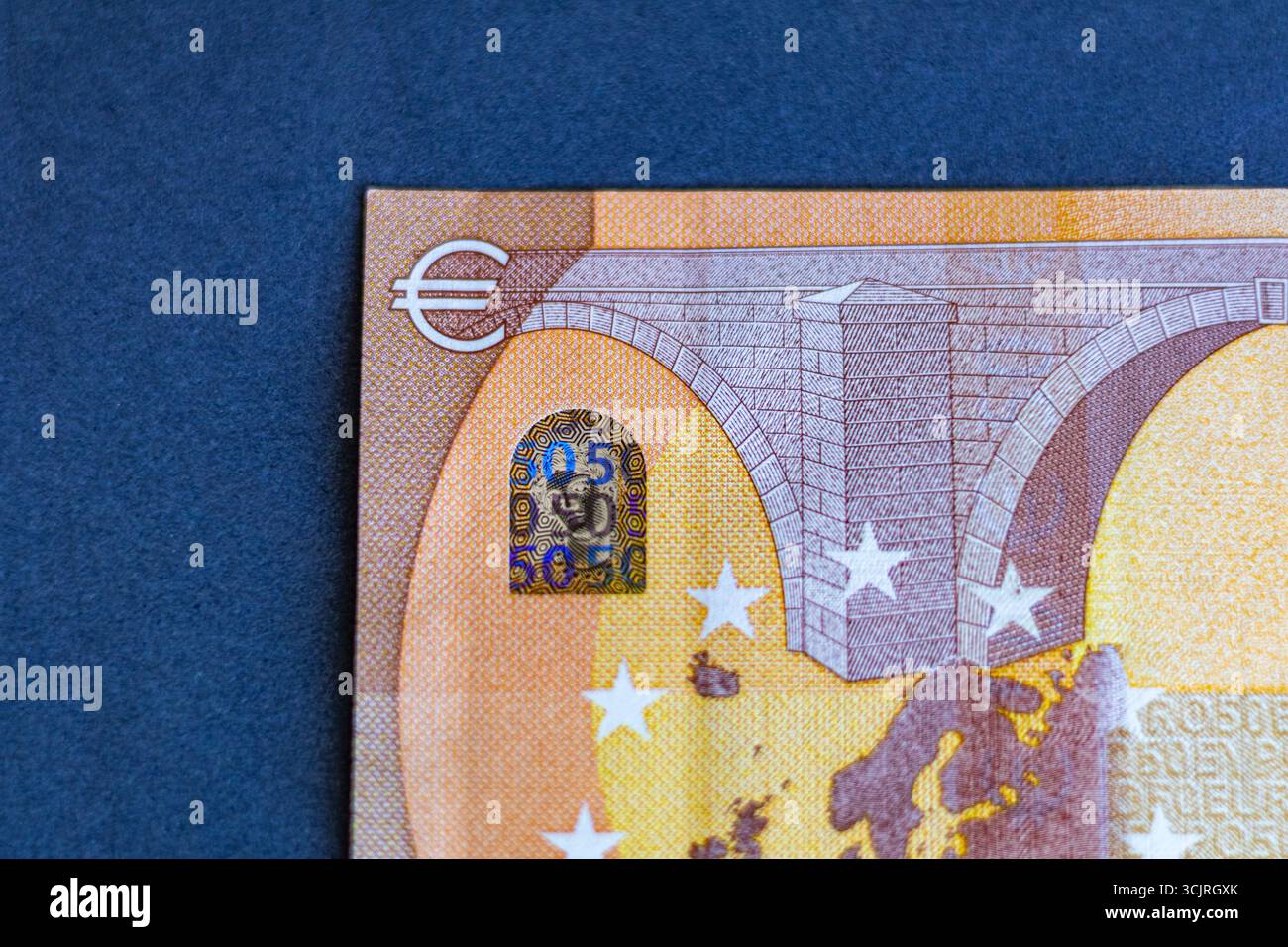 Detailed macro photograph of a fifty euro banknote, showing the ...