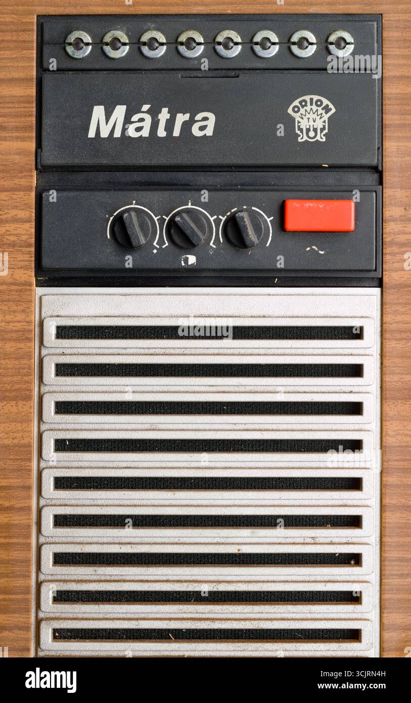 Bulanka, Czech Republic, 2 September 2025 - close-up of Orion Mátra vintage television with logo, rotary knobs, red button and wood grain design, retr Stock Photo
