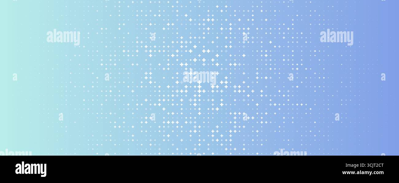 Light Blue Turquoice Medical Abstract Sparkling Pattern. Cyan Gradient Halftone Cross Background. Digital Glowing Effect Texture Grid Fades Sparkles Stock Vector