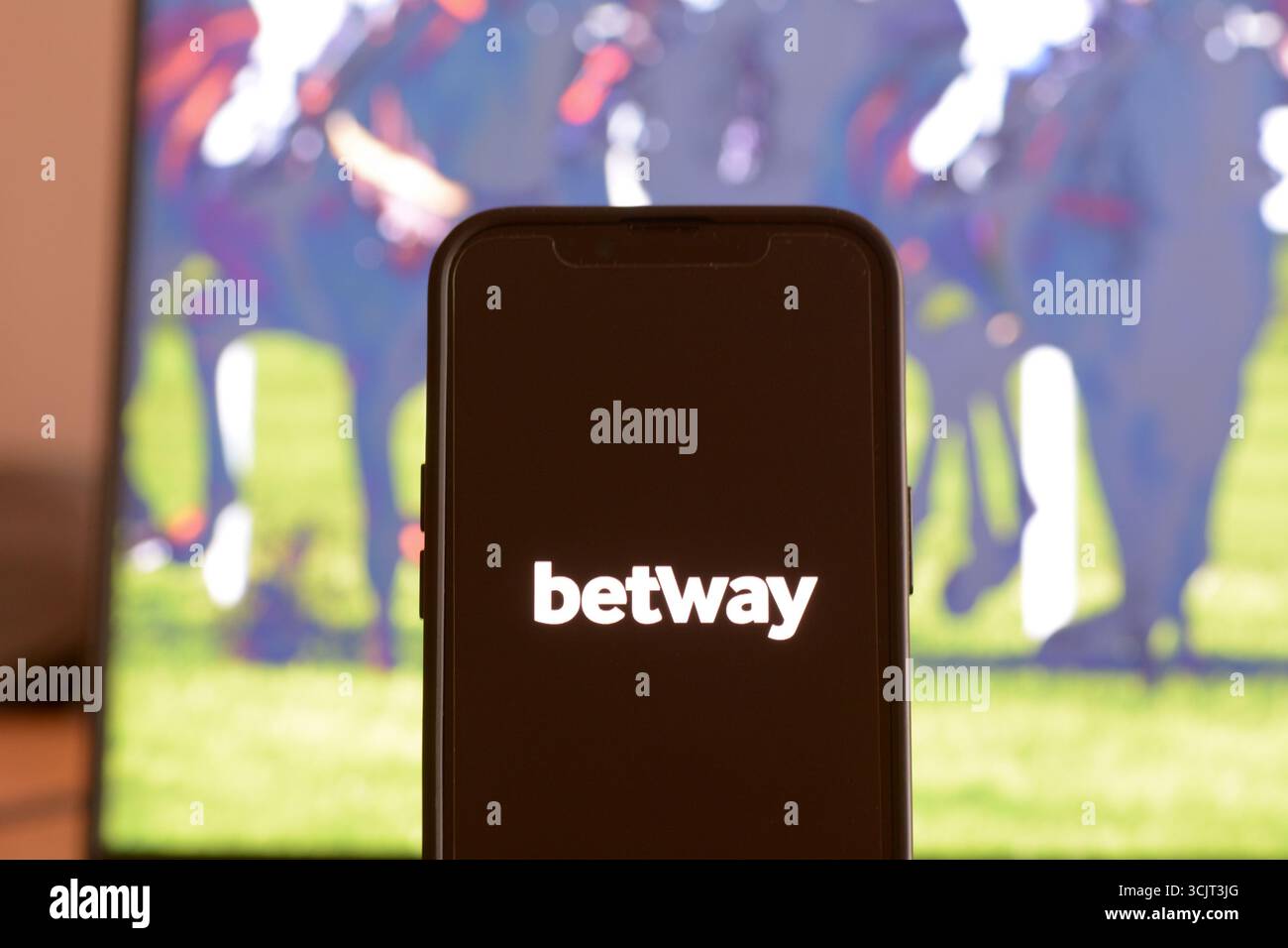 Opening the  Betway Sports gambling app whilst watching horse-racing on a laptop Stock Photo