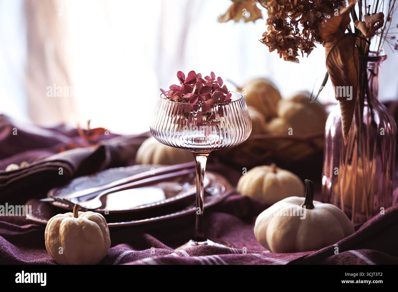 Cozy autumn dining table with pumpkins and rustic tableware Stock Photo